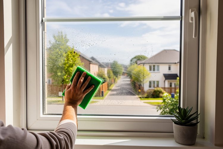 Nasse Scheiben Person wischt nasse Fensterscheibe mit einem Tuch ab.