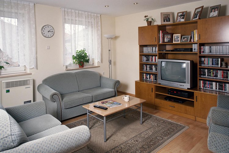 Wärmepumpe VS Nachspeicher Ein Wohnzimmer mit grauer Couch und Schrankwand, in der Mitte ein Tisch auf einem Teppich.
