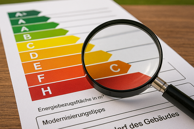 Energieausweis erklärt Eine Lupe auf Energieausweis mit mehrfarbiger Farbskala, im Hintergrund ein Haus