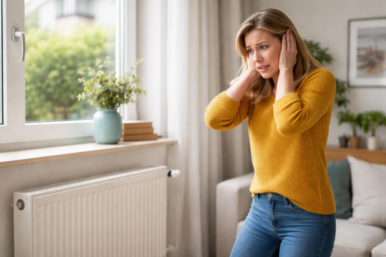 Heizung knallt Eine junge Frau steht neben einem Heizkörper und hält sich mit beiden Händen die Ohren zu.