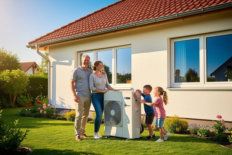 Familie neben Wärmepumpe Eine Familie steht neben einer Wärmepumpe, im Hintergrund ein Haus.